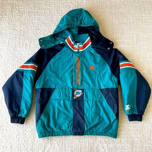 VTG Starter Jacket NFL MIAMI DOLPHINS Puffer Coat w Hood Mens Large Pullover - Picture 1 of 16